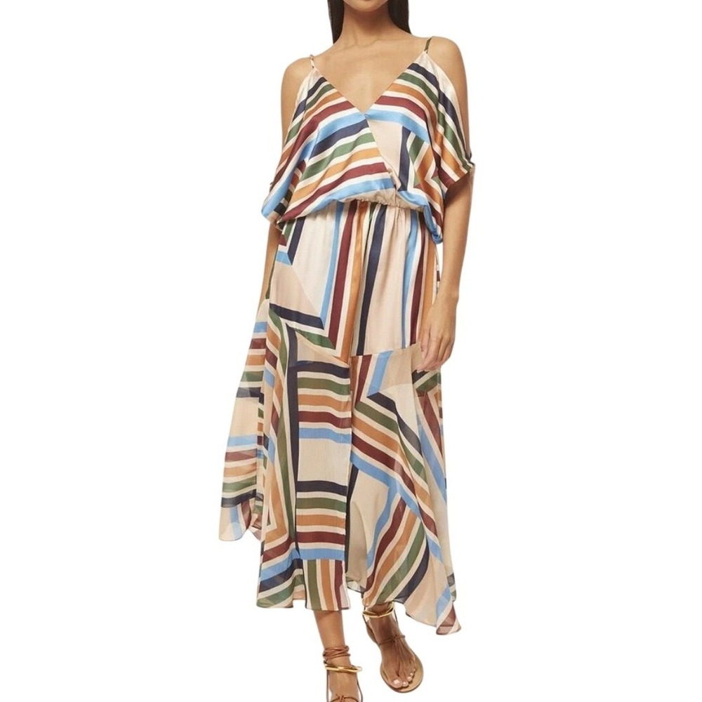 MISA Los Angeles Womens Striped Cold Shoulder Midi Dress Multi Color Size Medium
